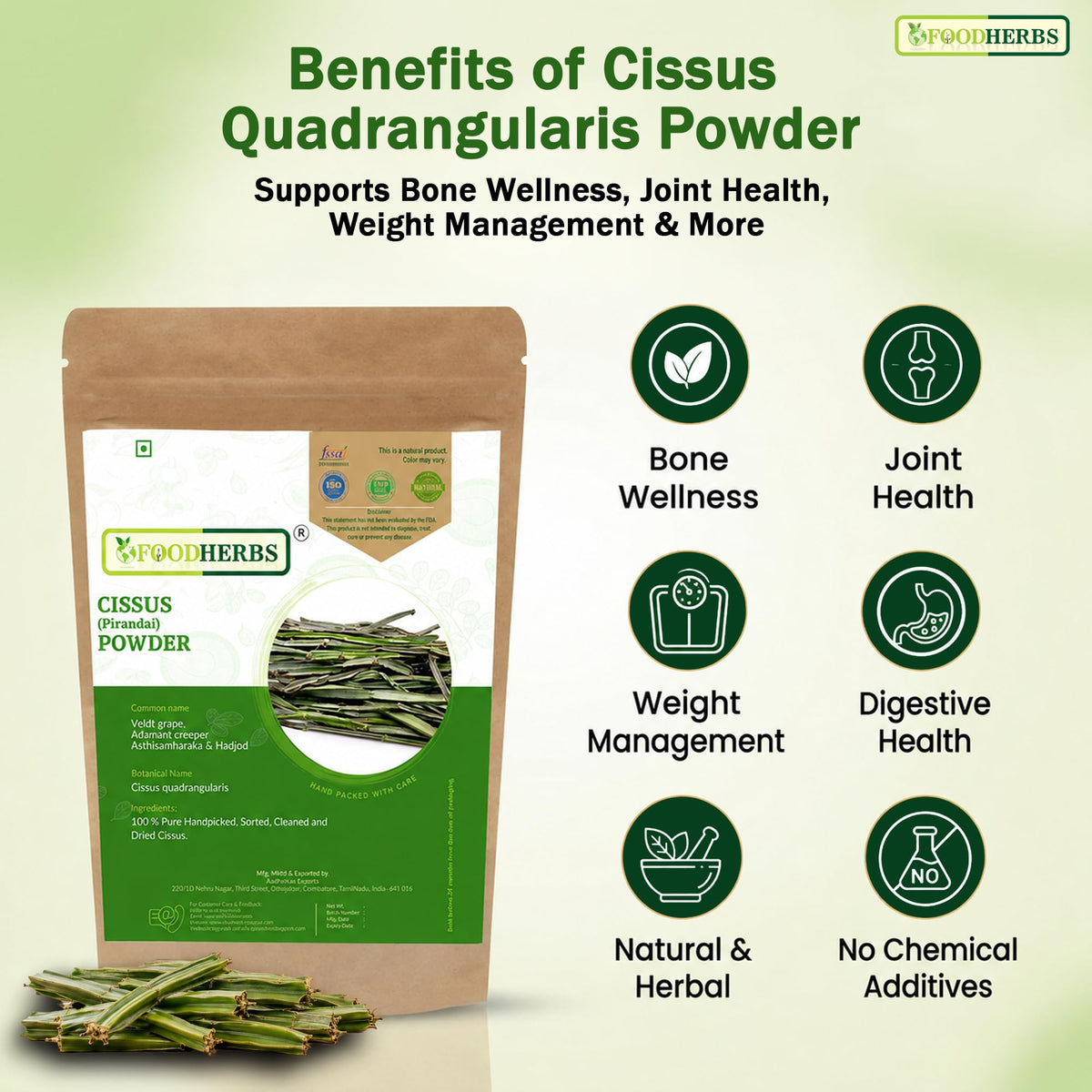 Foodherbs Cissus Quadrangularis Powder for Bone Wellness - 200g - image 2