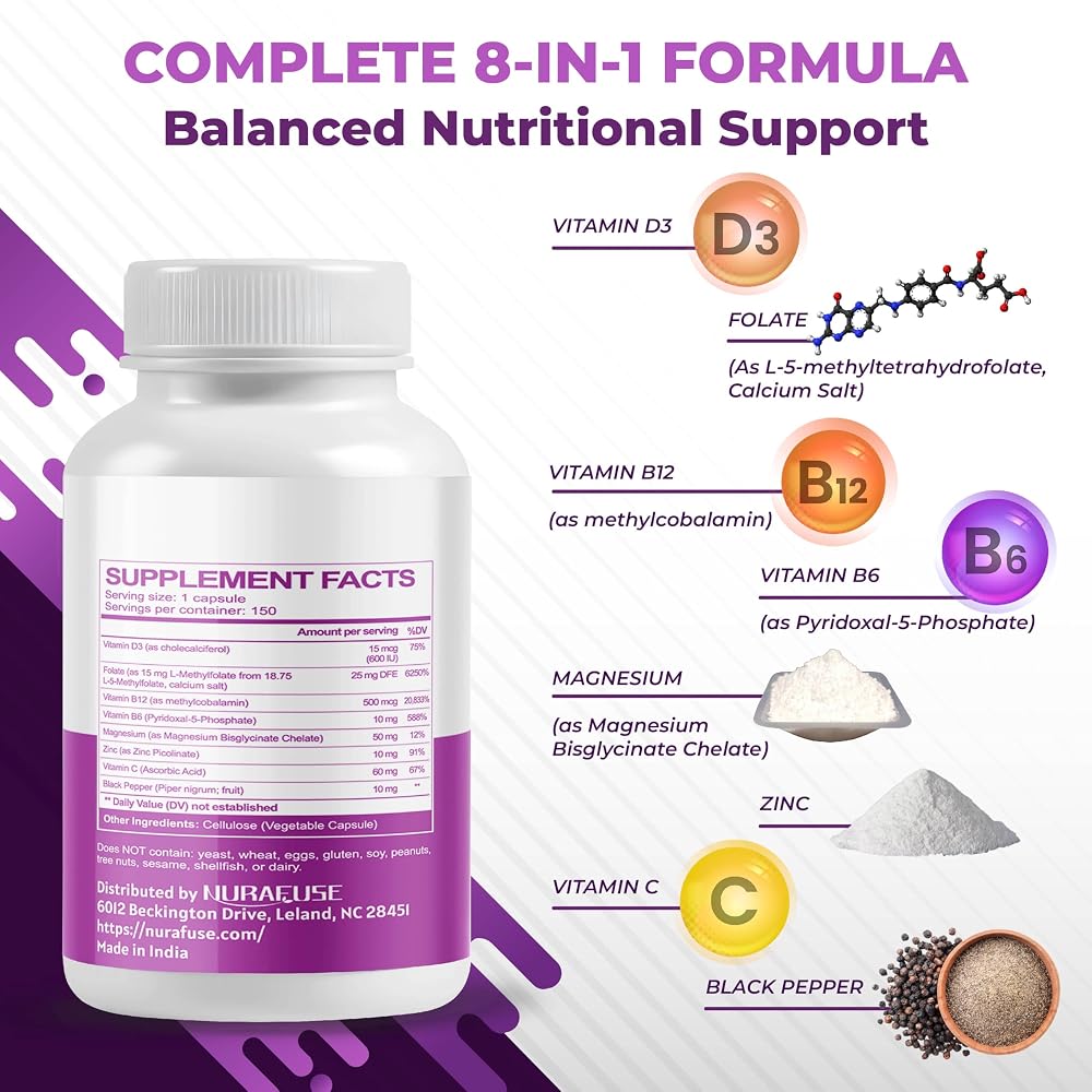 NuraFuse Methylated Vitamins 8-in-1 Nutrient Support - 150 Capsules - image 3