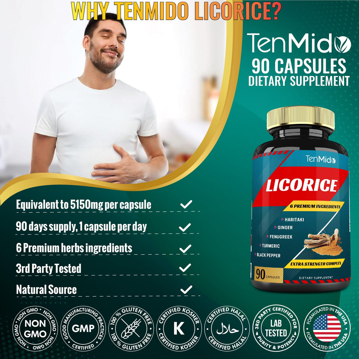 Tenmido Licorice Extract Capsules with Turmeric & Ginger - 90 Capsules - image 7