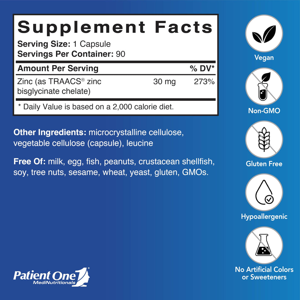 Patient One Zinc Bisglycinate 30 mg Chelated - 90 Capsules - image 2