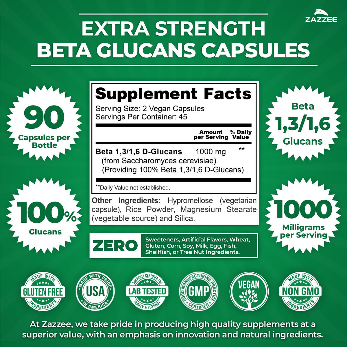 Zazzee Extra Strength 1,3/1,6 Beta Glucans 1000mg - 90 Capsules - image 3