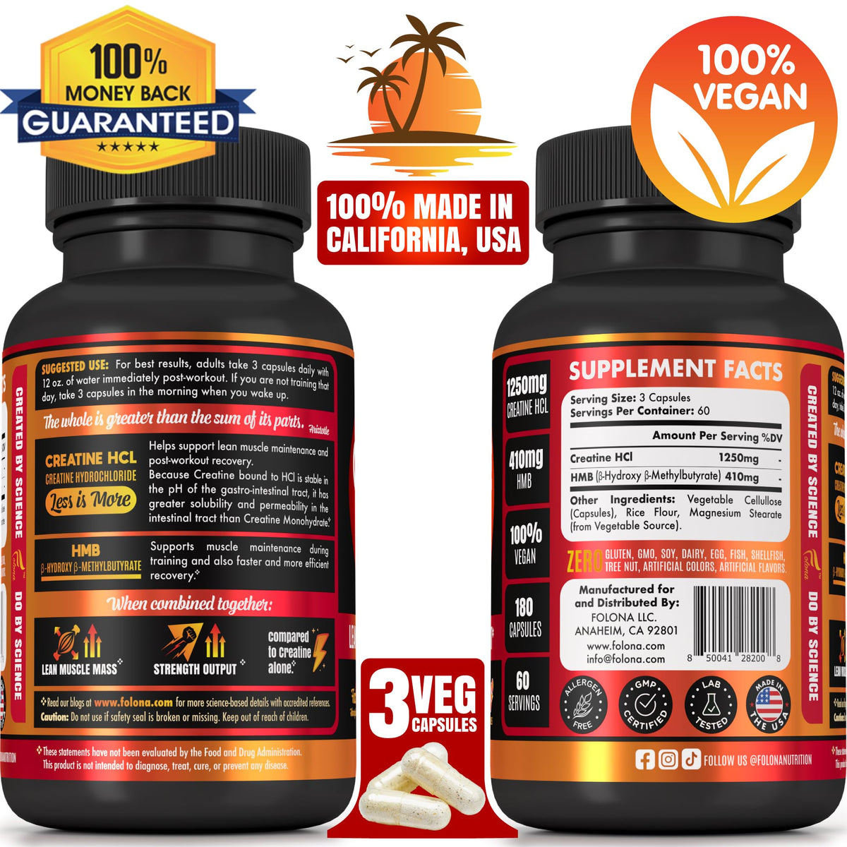 FOLONA Creatine HCL with HMB Capsules - 180 Vegan Capsules - image 2