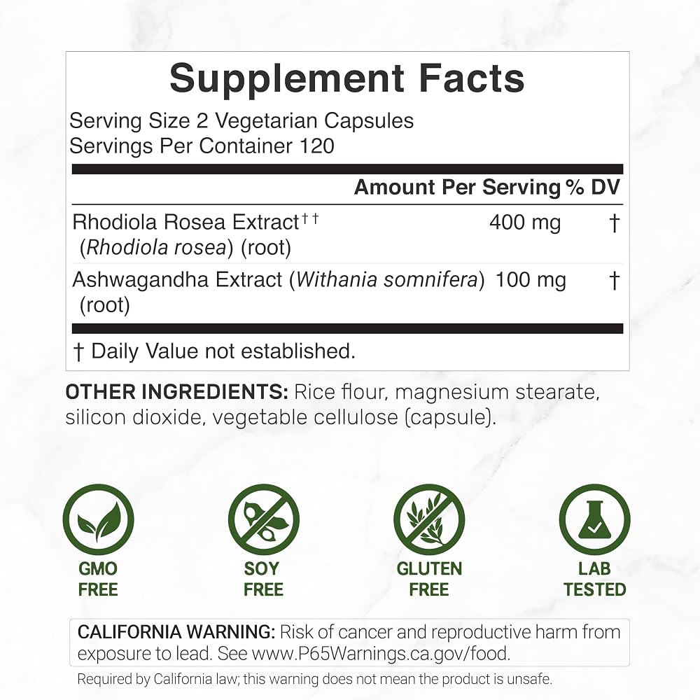 DEAL SUPPLEMENT Rhodiola Rosea & Ashwagandha - 240 Vegetarian Capsules - image 2