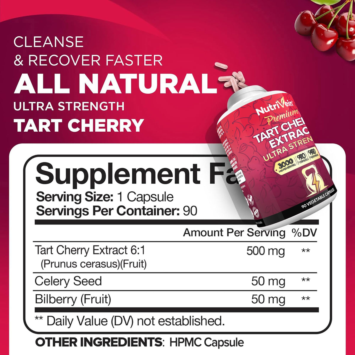 Nutrivein Premium Organic Tart Cherry Capsules 3000mg - 90 Vegetarian Capsules - image 2