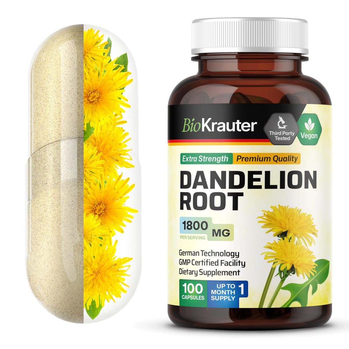 BIO KRAUTER Dandelion Root Extract Liver & Kidney Support - 100 Capsules