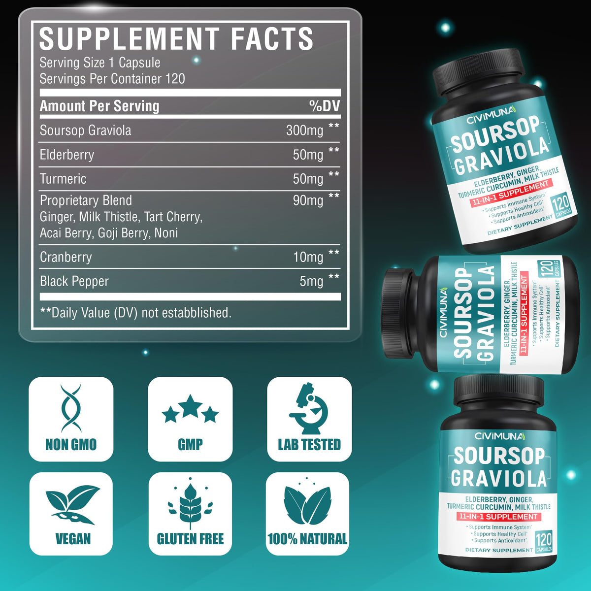 CIVIMUNA Soursop Graviola Capsules with Turmeric & Elderberry - 120 Capsules - image 4