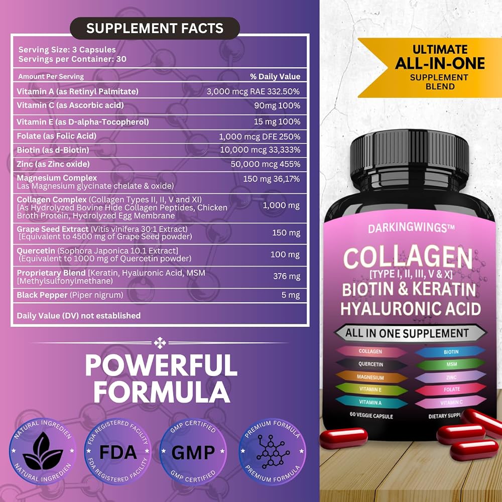 Darkingwings Multi Collagen Peptides with Biotin & Keratin - 90 Capsules - image 2