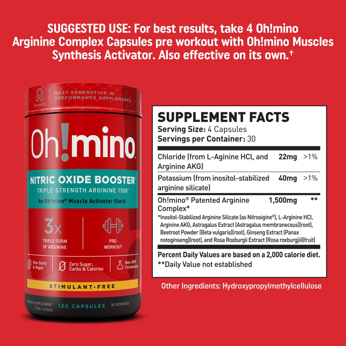 Oh!mino Nitric Oxide Supplement L-Arginine - 120 Capsules - image 3