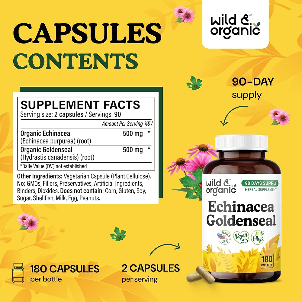 Wild & Organic Echinacea Goldenseal Capsules Immune Support - 180 Count - image 3