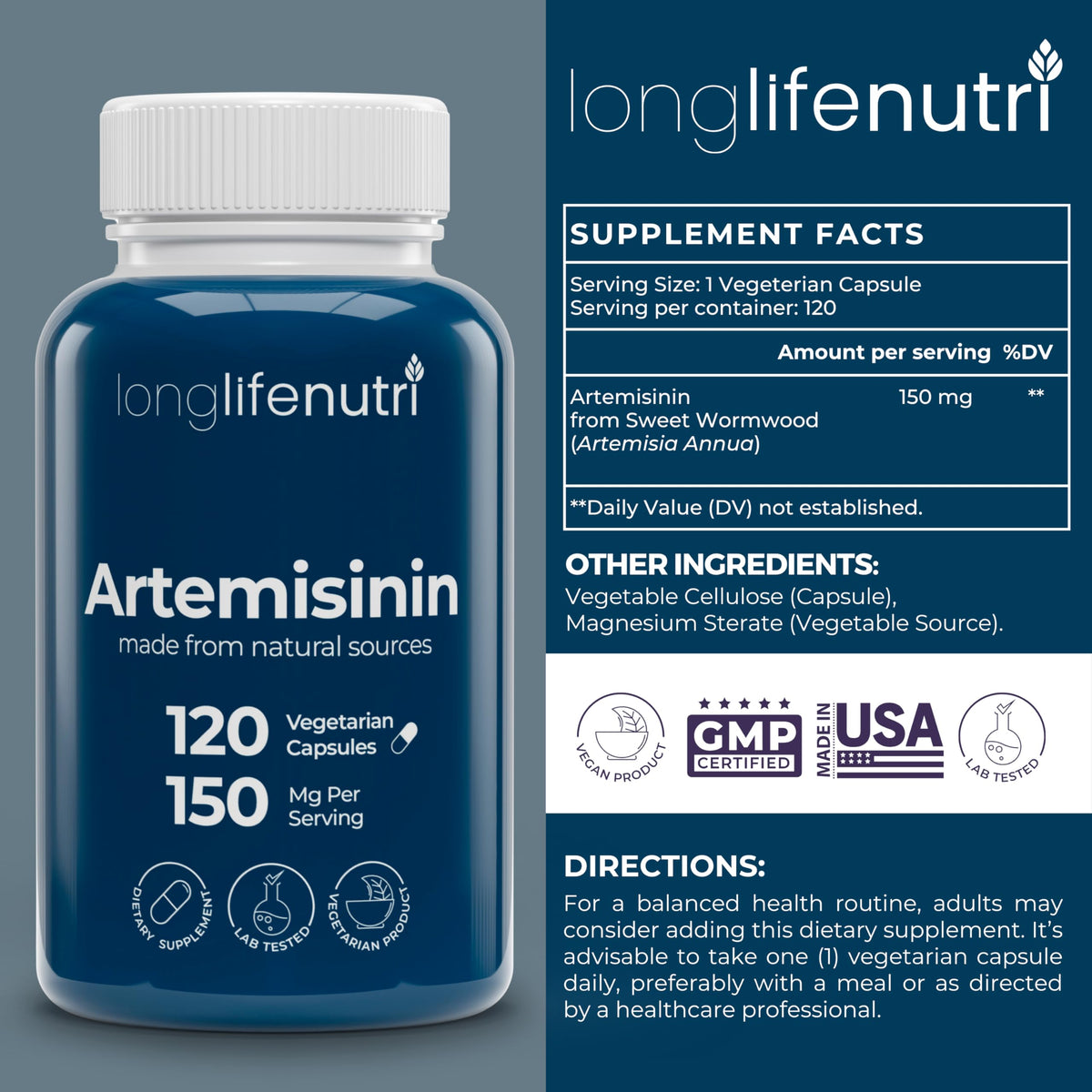 LongLifeNutri Artemisinin 150mg Sweet Wormwood - 120 Vegetarian Capsules - image 2
