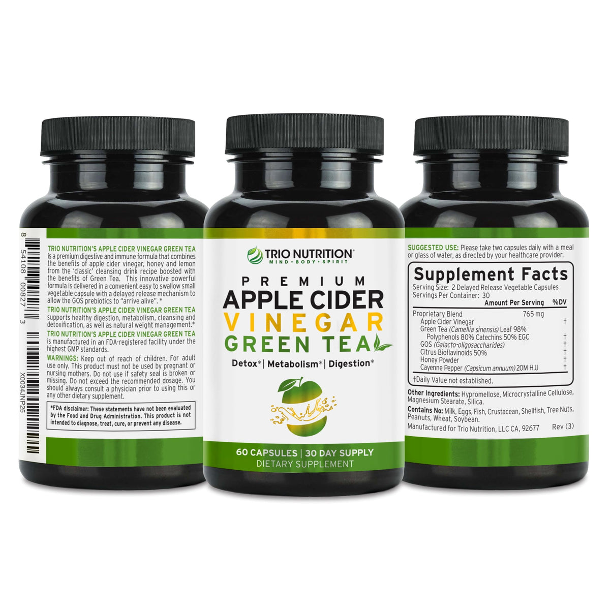 TRIO NUTRITION Apple Cider Vinegar Green Tea Capsules - 60 Count - image 4