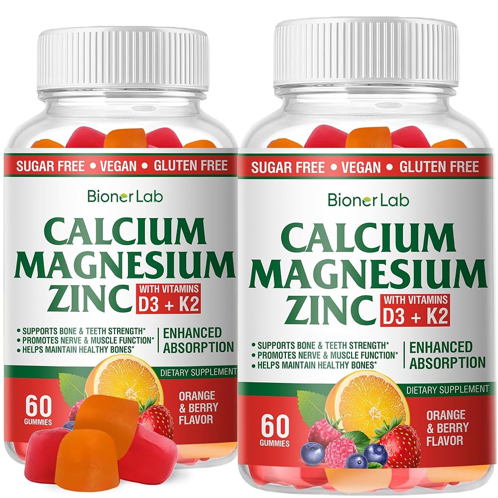 BionerLab Calcium Magnesium Zinc Gummies with Vitamin D3 & K2 - High