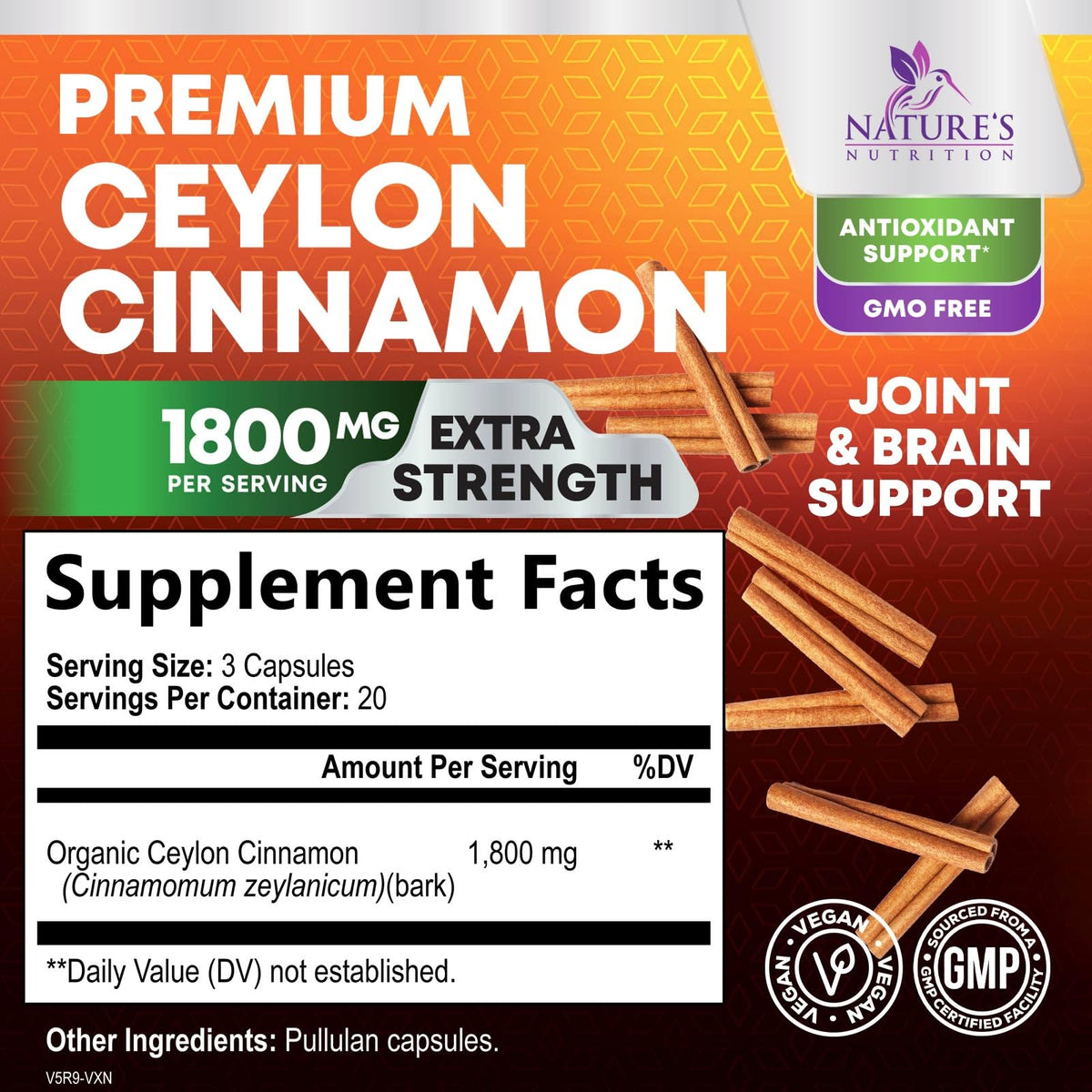 Nature's Nutrition Organic Ceylon Cinnamon Capsules 1800mg - Extra