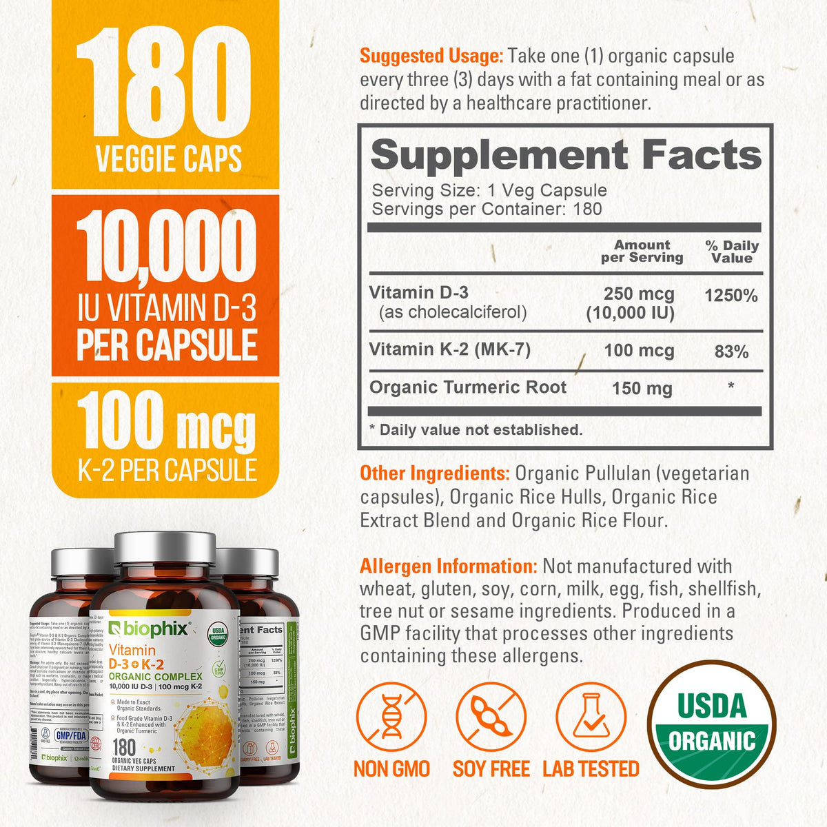 biophix Organic Vitamin D-3 K2 Turmeric - 180 Vegetarian Capsules - image 4