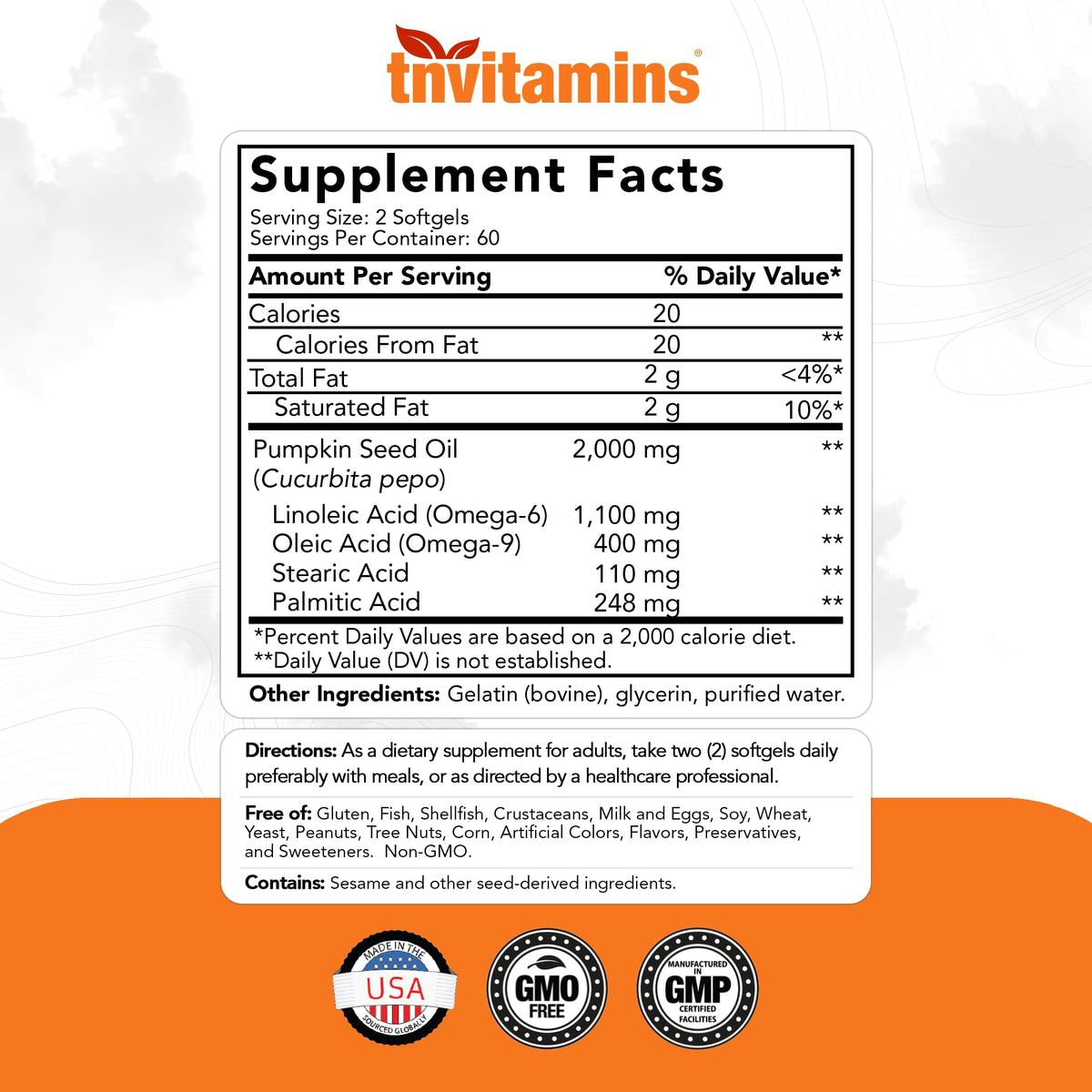 tnvitamins Pumpkin Seed Oil 2000 mg - 120 Softgels - image 2
