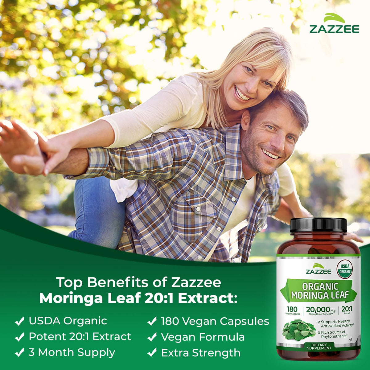 Zazzee USDA Organic Moringa Leaf 20:1 Extract - 180 Capsules - image 4