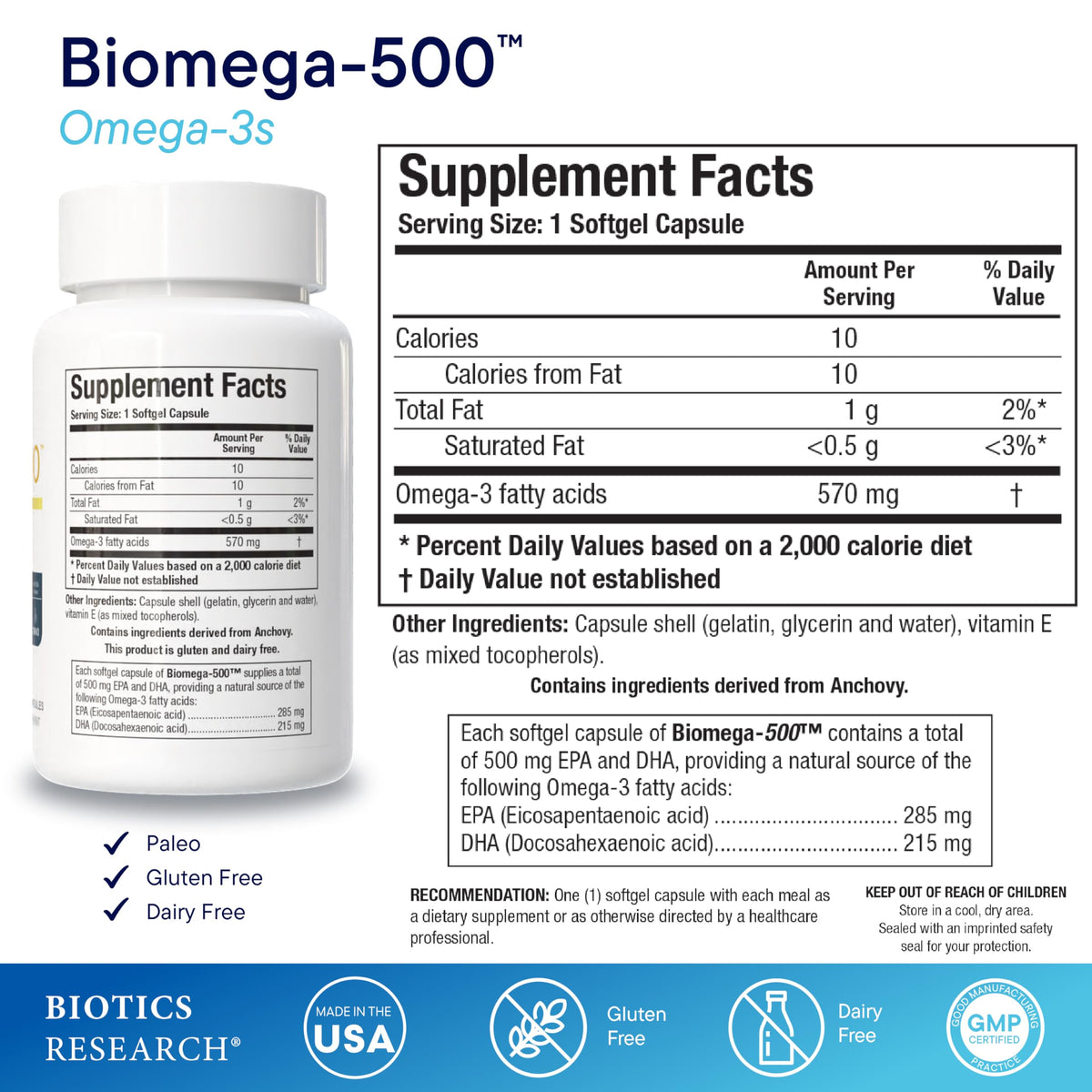 BIOTICS RESEARCH Biomega 500 mg EPA DHA Omega-3 Fish Oil - 90 Softgels - image 2