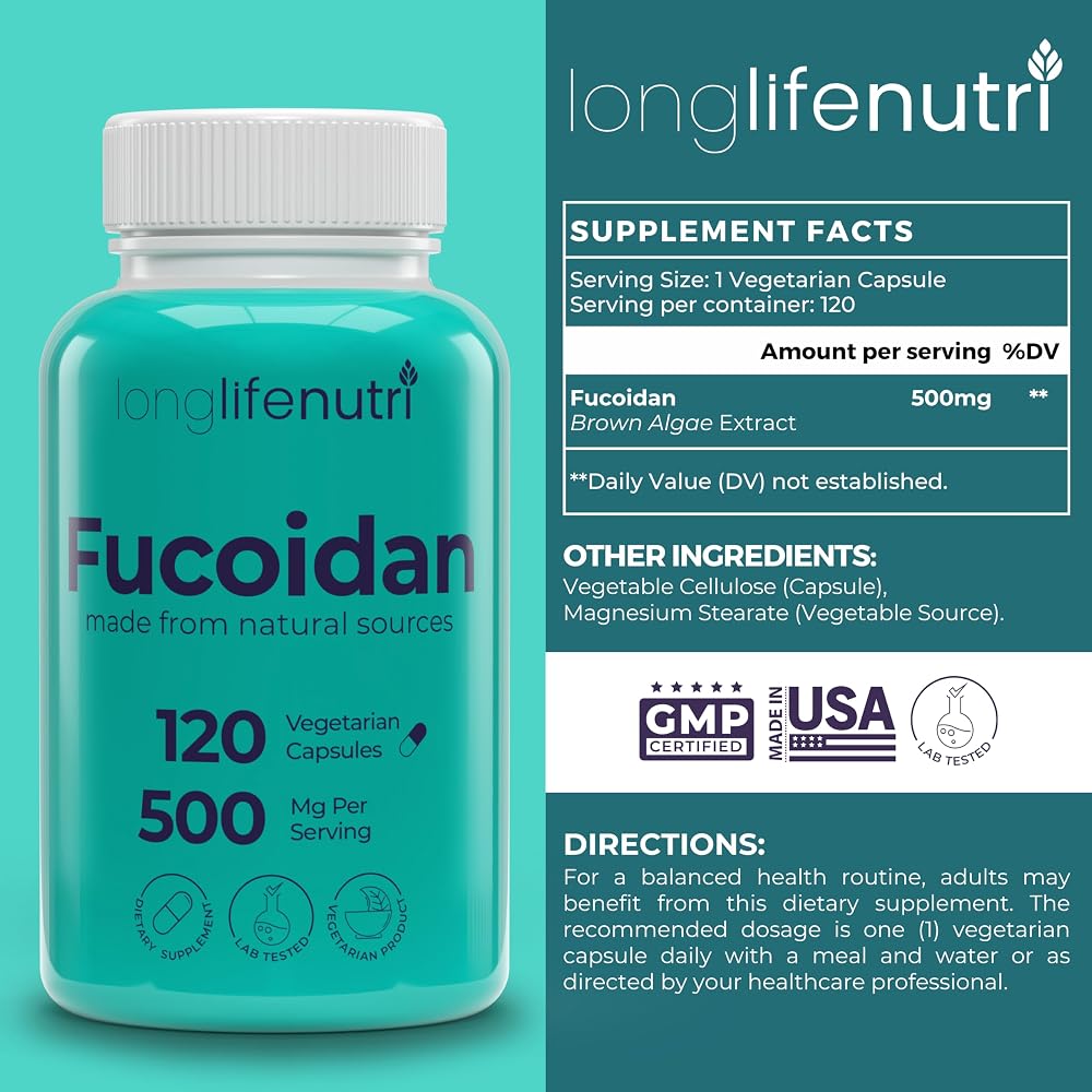 LongLifeNutri Fucoidan 500mg Brown Seaweed Extract - 120 Vegetarian Capsules - image 2