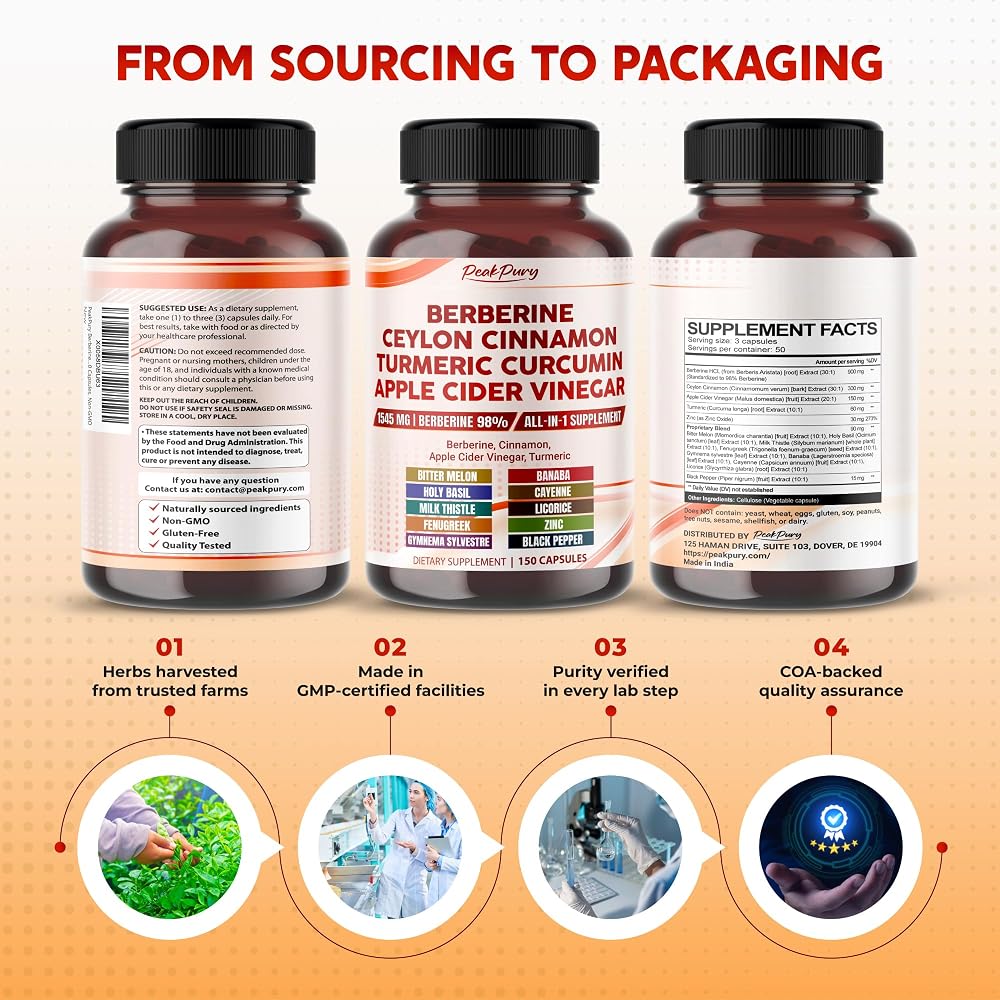 PeakPury Advanced Berberine HCl 1545mg with Ceylon Cinnamon - 150 Capsules - image 9