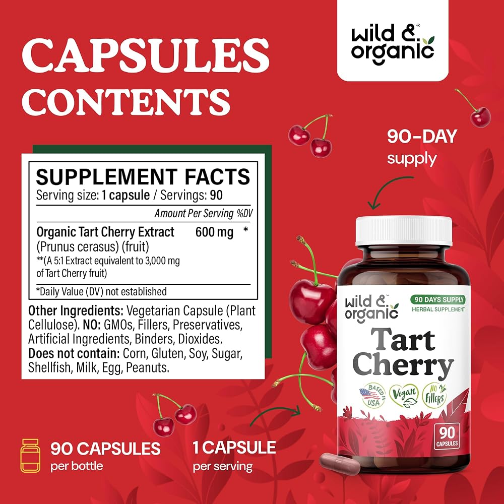 Wild & Organic Tart Cherry Capsules 600 mg Uric Acid Support - 90 Count - image 3