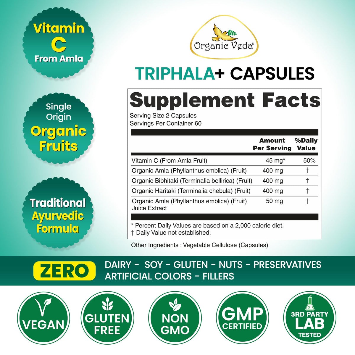 Organic Veda Triphala+ Capsules Digestive Support - 120 Capsules - image 2