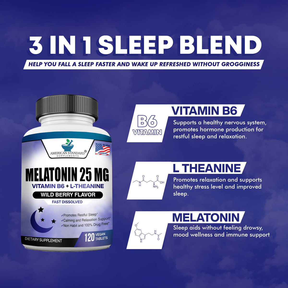American Standard Supplements Melatonin 25mg Sleep Support - 120 Tablets - image 3