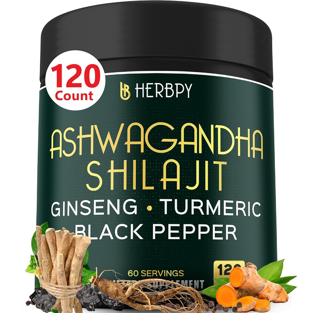 Herbpy 5in1 Shilajit Ashwagandha Supplements for Stamina Energy - 120 Capsules
