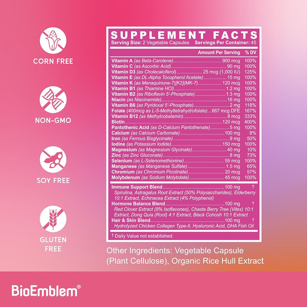BioEmblem Women's Multivitamin with 21 Nutrients - 90 Capsules - image 5