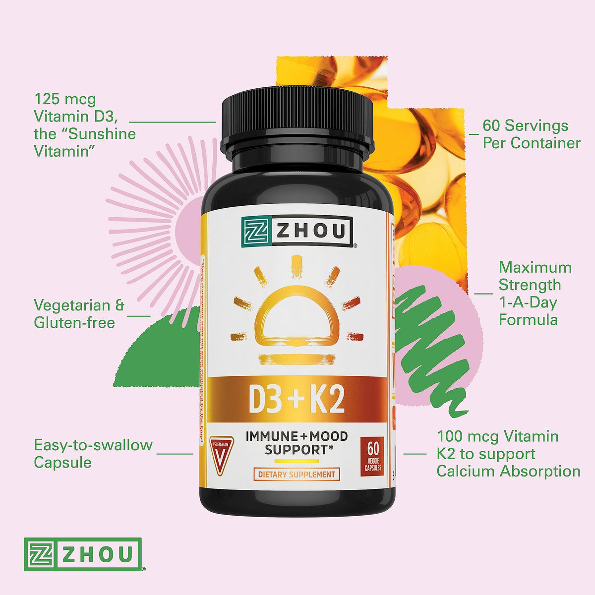 ZHOU Vitamin D3+K2 Supplement Bone Support - 60 Vegetarian Capsules - image 4