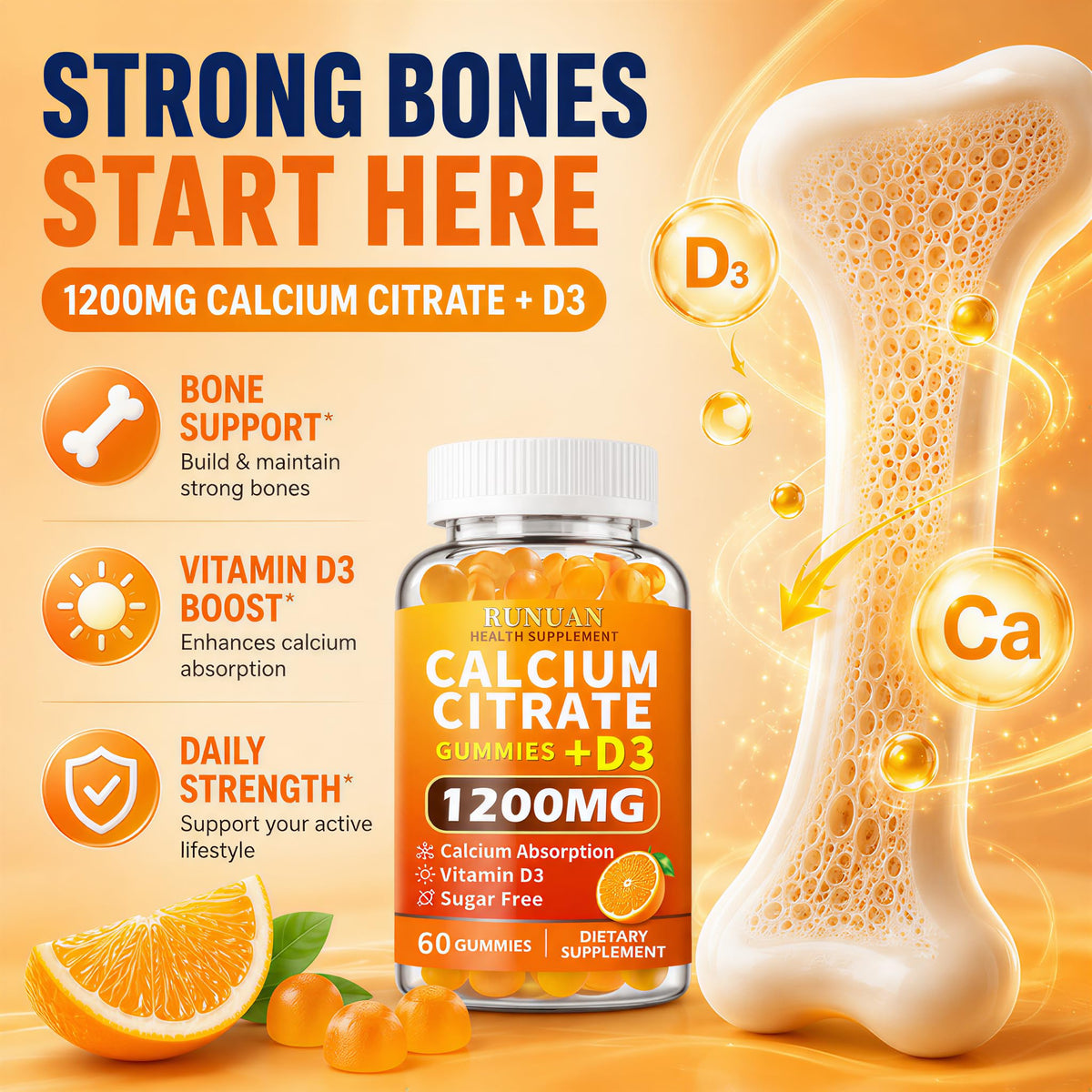RUNUAN Calcium Citrate 1200mg Gummies with Vitamin D3 - 120 Count - image 4
