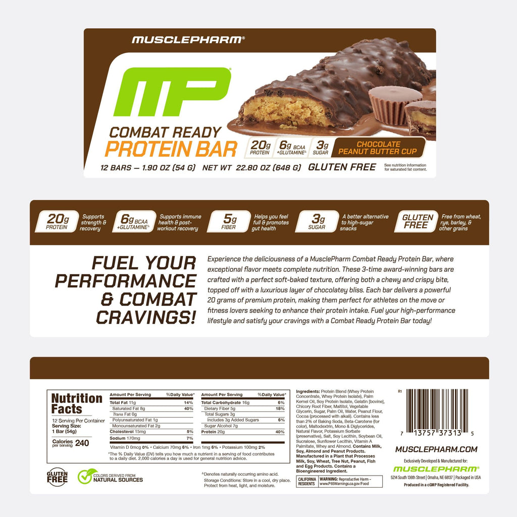 MusclePharm Combat Ready Protein Bar Chocolate Peanut Butter Cup - 12 Bars - image 8