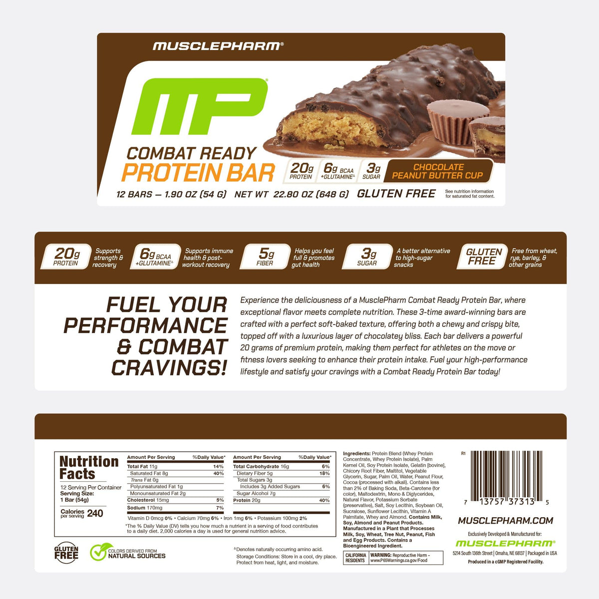 MusclePharm Combat Ready Protein Bar Chocolate Peanut Butter Cup - 12 Bars - image 8