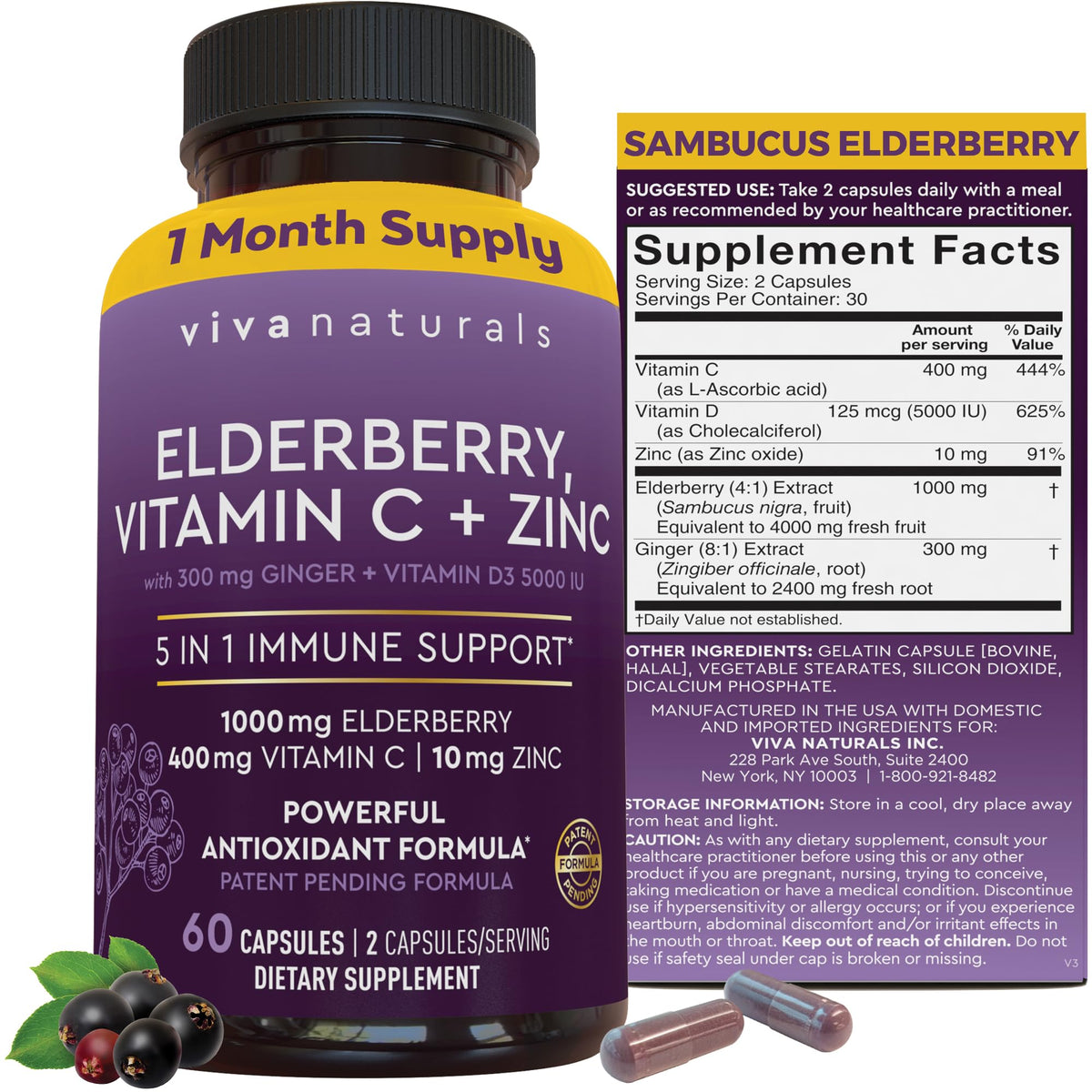 Viva Naturals Elderberry with Vitamin C and Zinc for Adults - 5 in 1