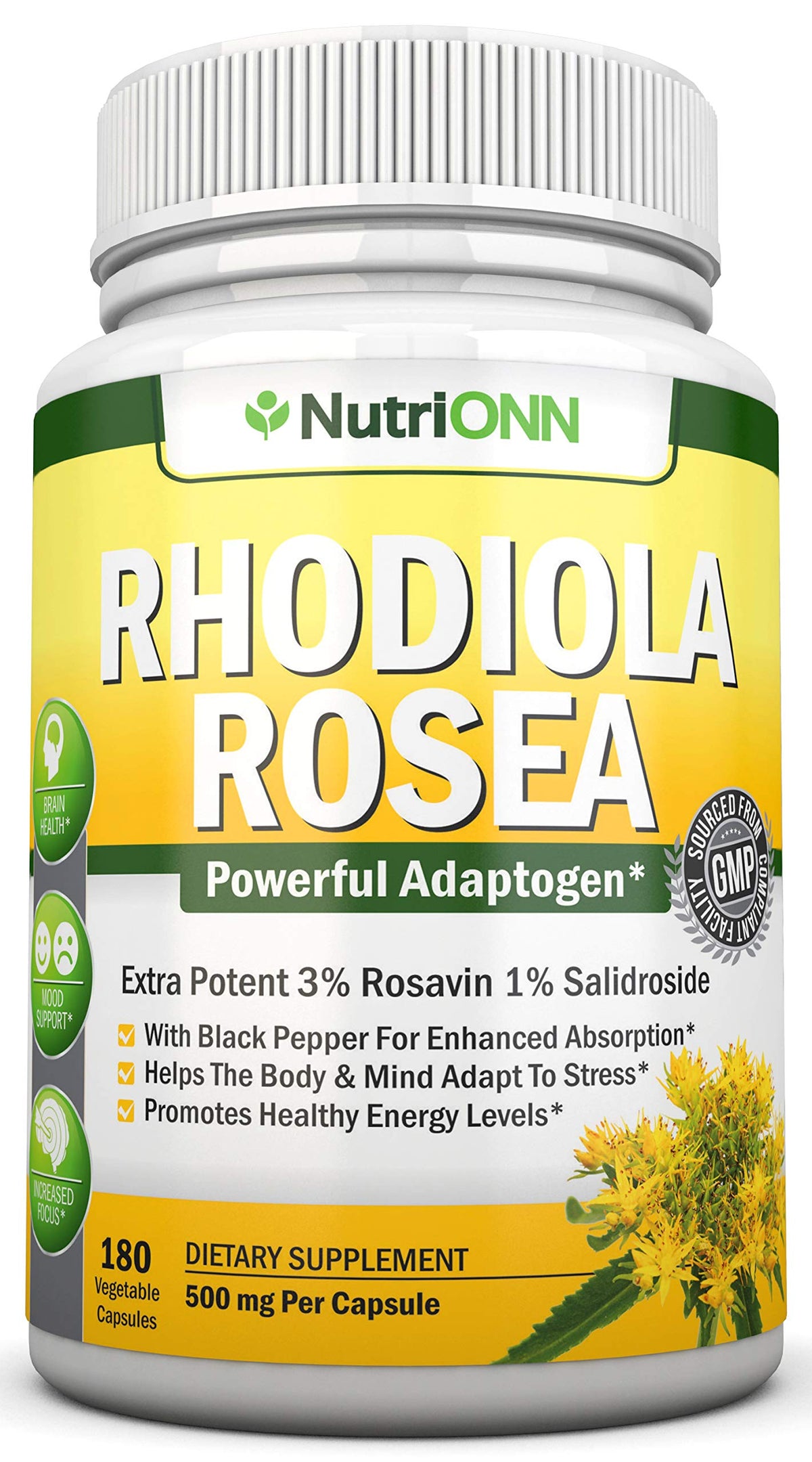 NutriONN Rhodiola Rosea 500mg Supplement - 180 Vegan Capsules
