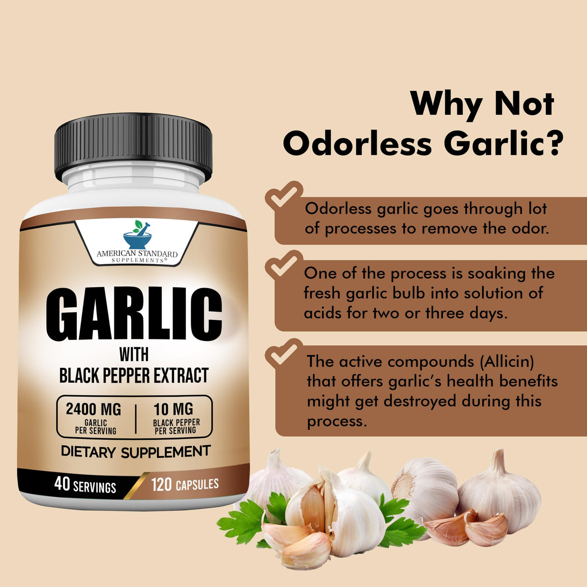 American Standard Supplements Garlic 2400mg with Black Pepper - 120 Capsules - image 5