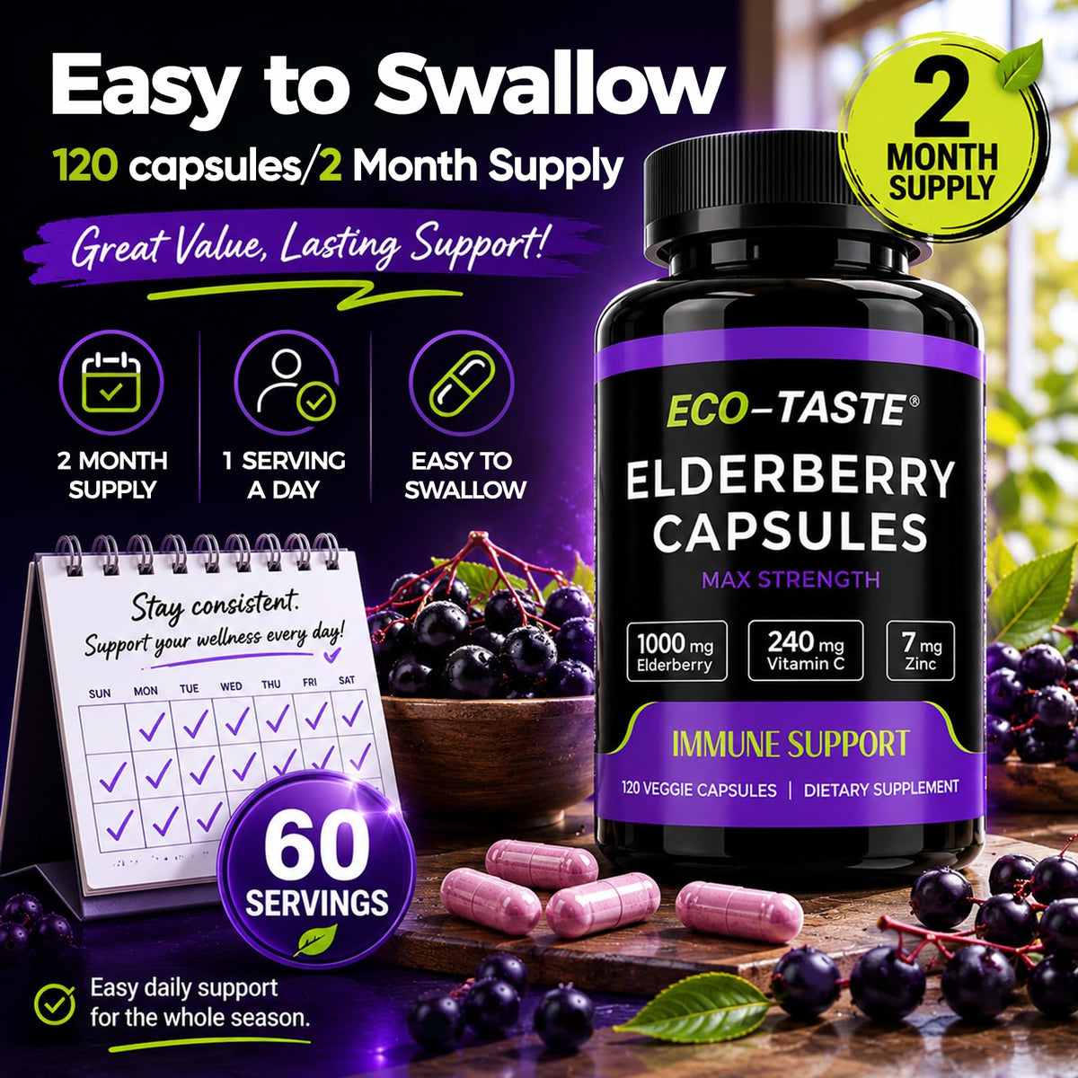 ECO-TASTE Black Elderberry Capsules with Zinc & Vitamin C - 120 Count - image 5