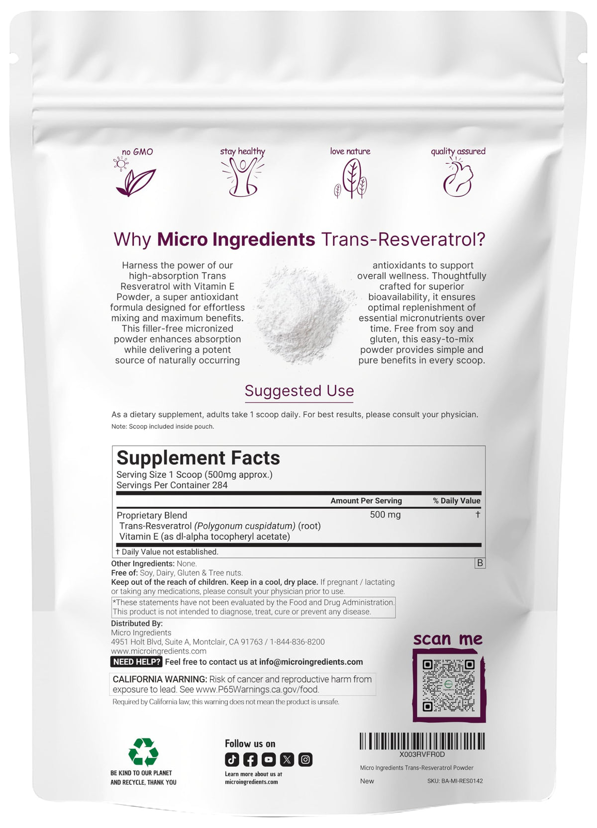 Micro Ingredients Pure Trans-Resveratrol Powder with Vitamin E - 5 Ounce - image 2
