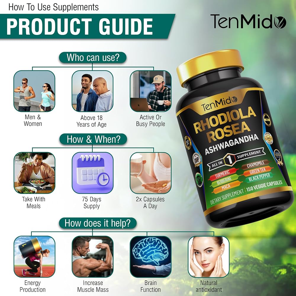 Tenmido Rhodiola Rosea 8in1 Formula - 150 Vegetarian Capsules - image 6