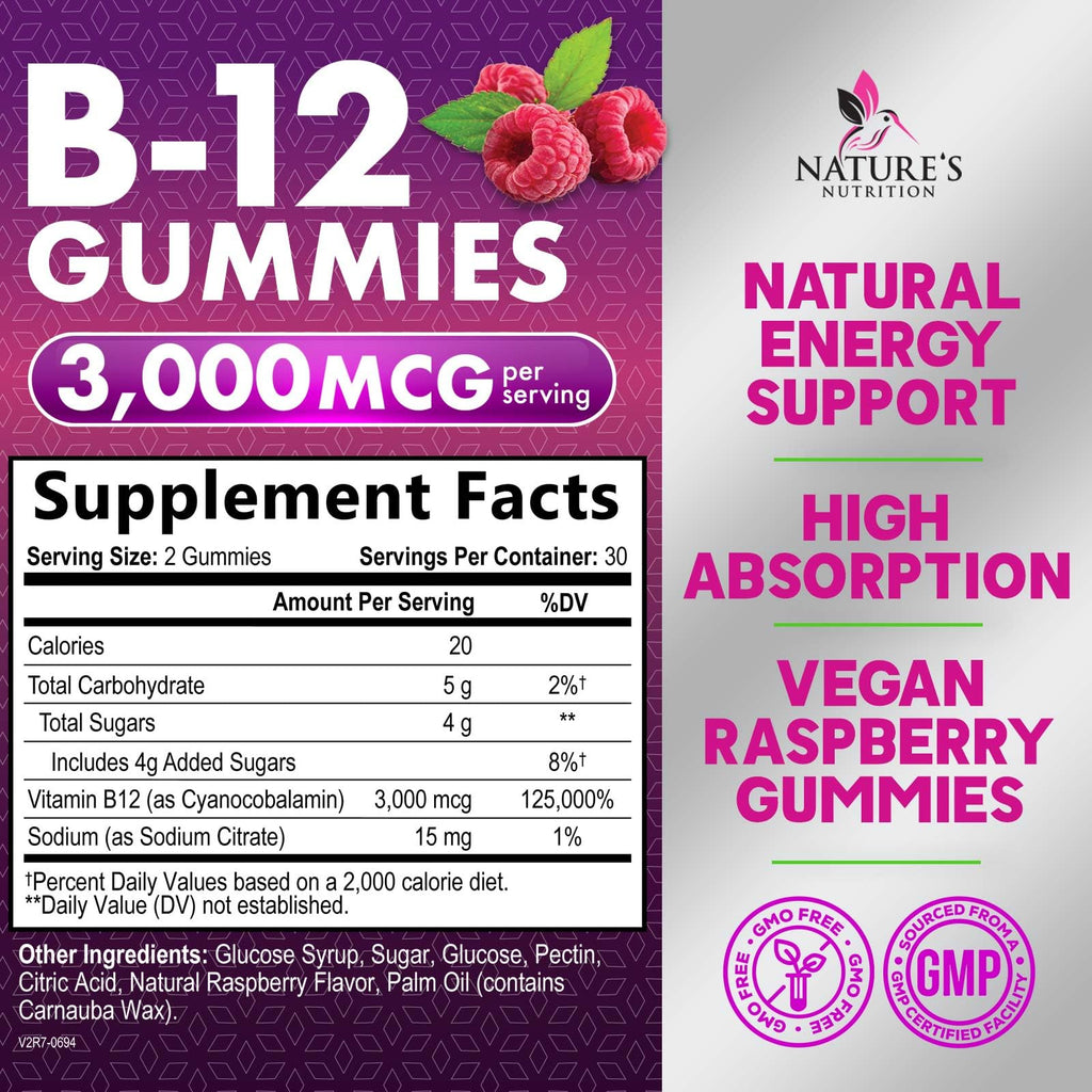 Nature's Nutrition B12 Energy Gummies 3000 mcg per Serving - Extra