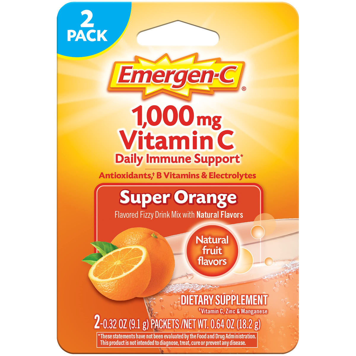 Emergen-C Vitamin C 1000mg Immune Support Powder Super Orange - 2 Packets
