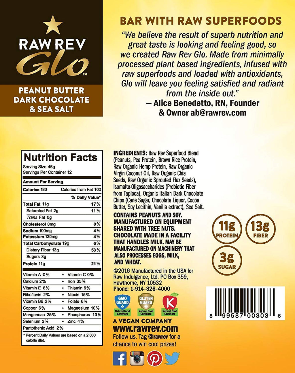 Raw Rev Glo Peanut Butter Dark Chocolate Sea Salt Vegan Protein Bars - 36 Count - image 3