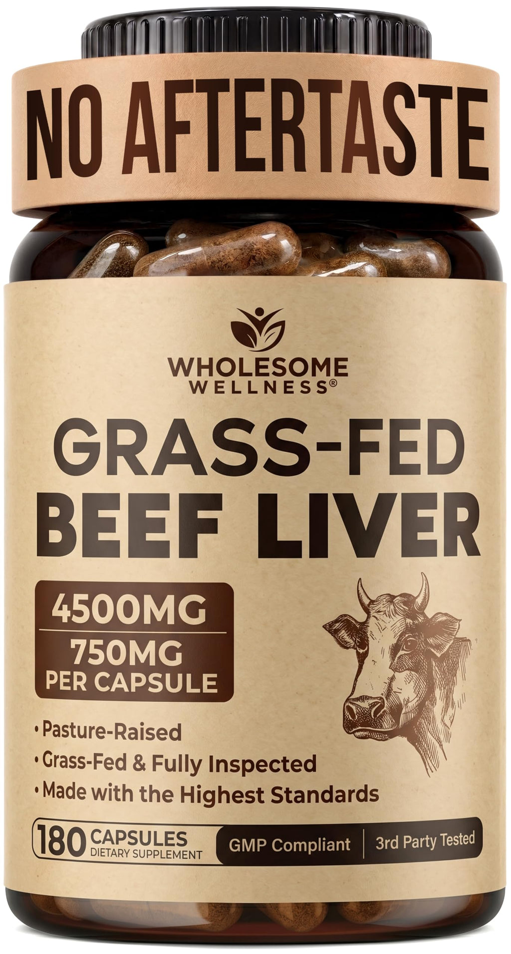 Wholesome Wellness Grass Fed Desiccated Beef Liver - 180 Capsules