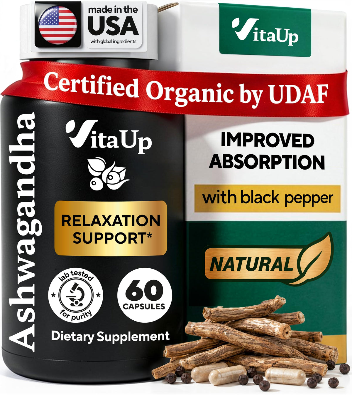 VitaUp Ashwagandha Capsules 1310mg with Black Pepper - 60 Capsules
