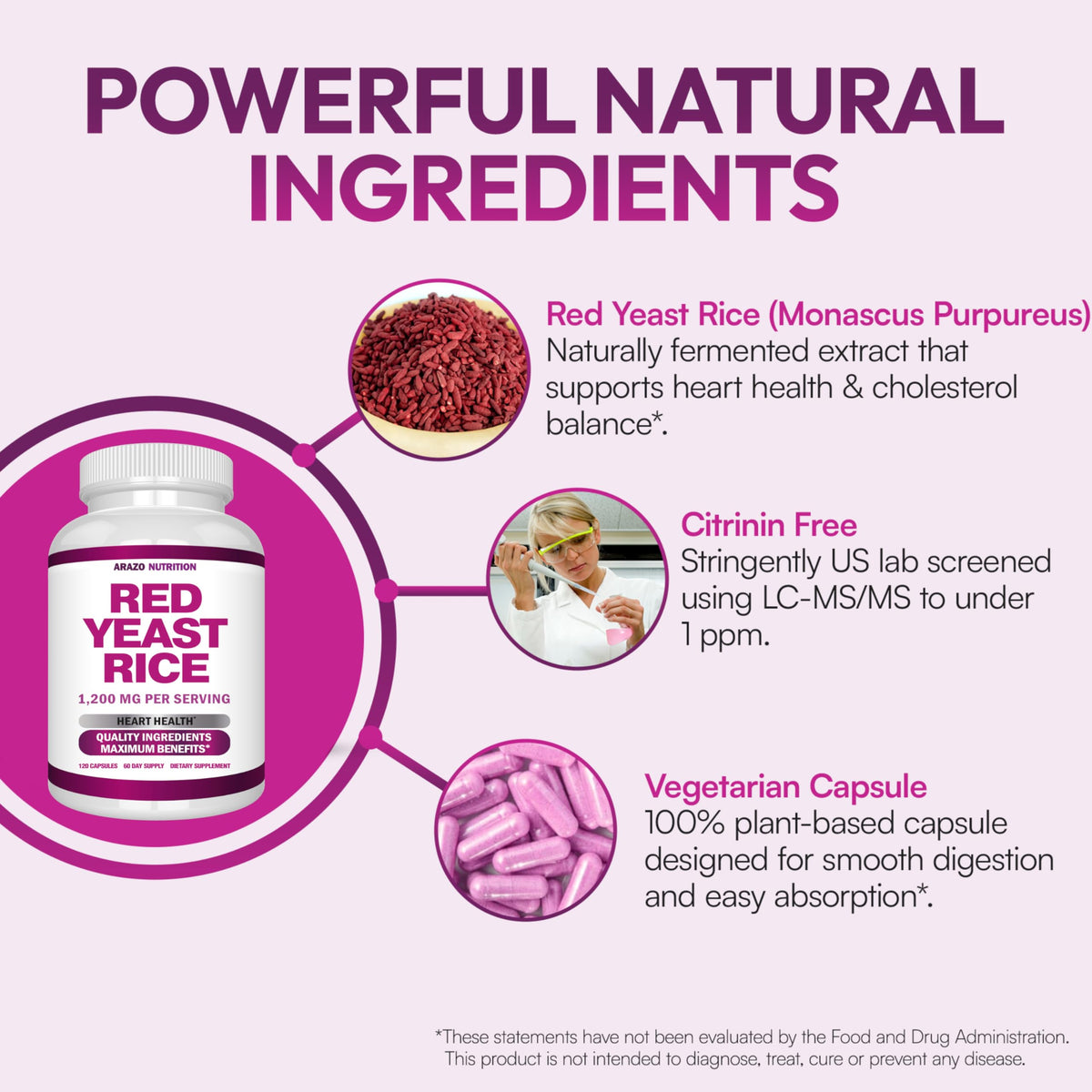 Arazo Nutrition Red Yeast Rice Extract 1200 MG - 120 Vegetarian Capsules - image 5