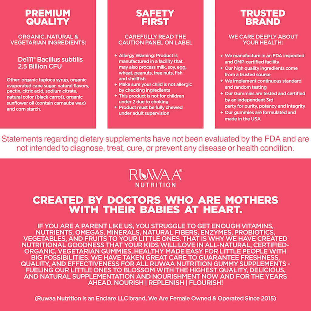 RUWAA NUTRITION Probiotics for Kids. Yummy Gut Happy Organic