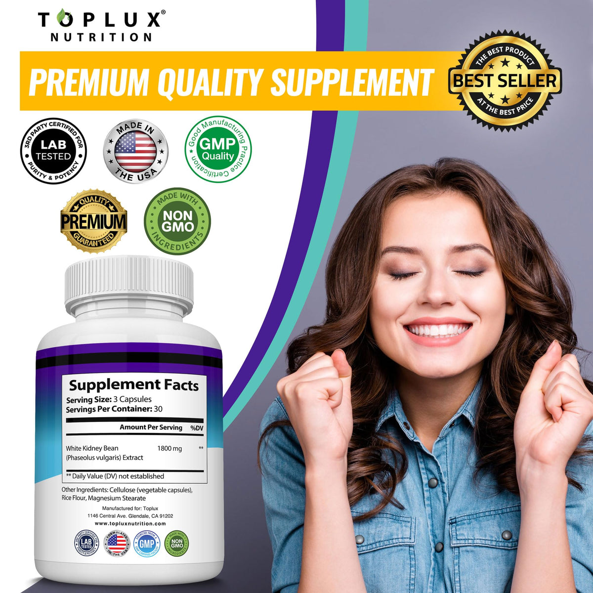 Toplux Keto Blocker White Kidney Bean Extract 1800 mg - 90 Capsules - image 5