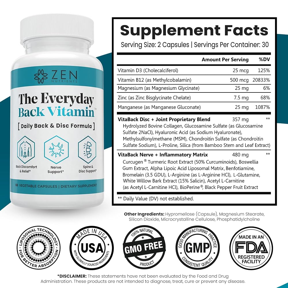 Zen Nutrients Everyday Back Vitamin for Lower Back Relief - 60 Capsules - image 2