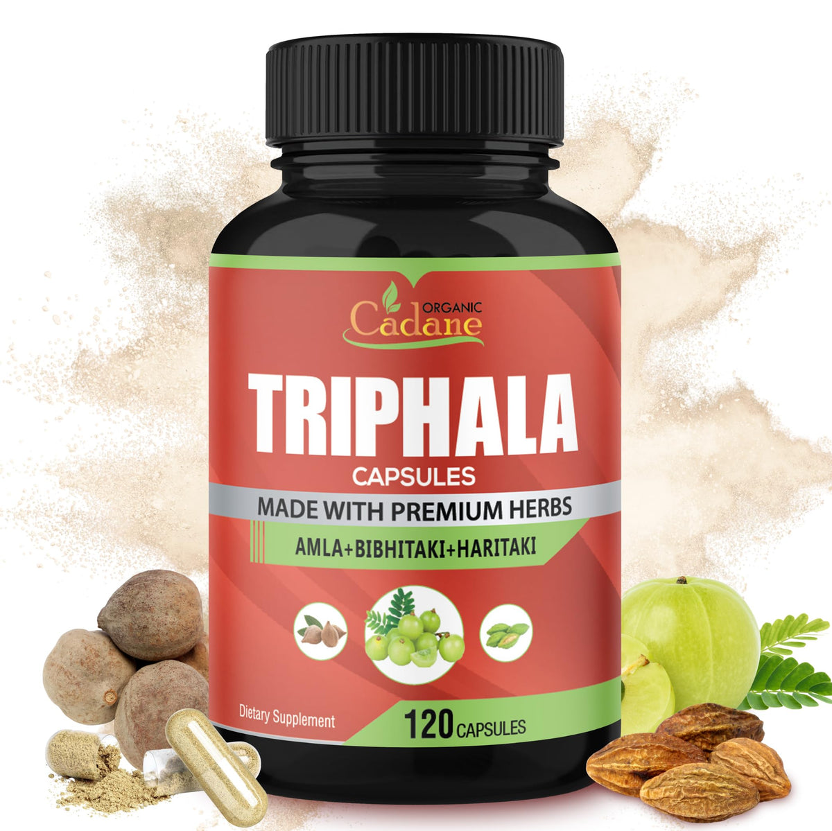 Organic Cadane Triphala 3 Fruit Powders - 120 Vegetarian Capsules