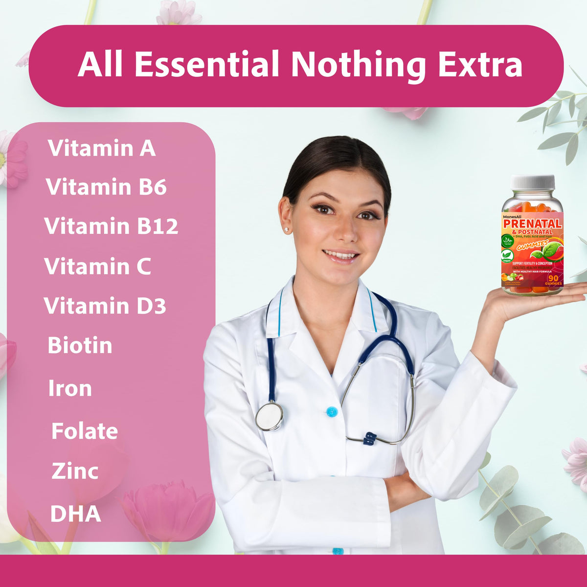 MonesAli Halal Prenatal Vitamins Gummies with Folic Acid & DHA - 90 Gummies - image 3