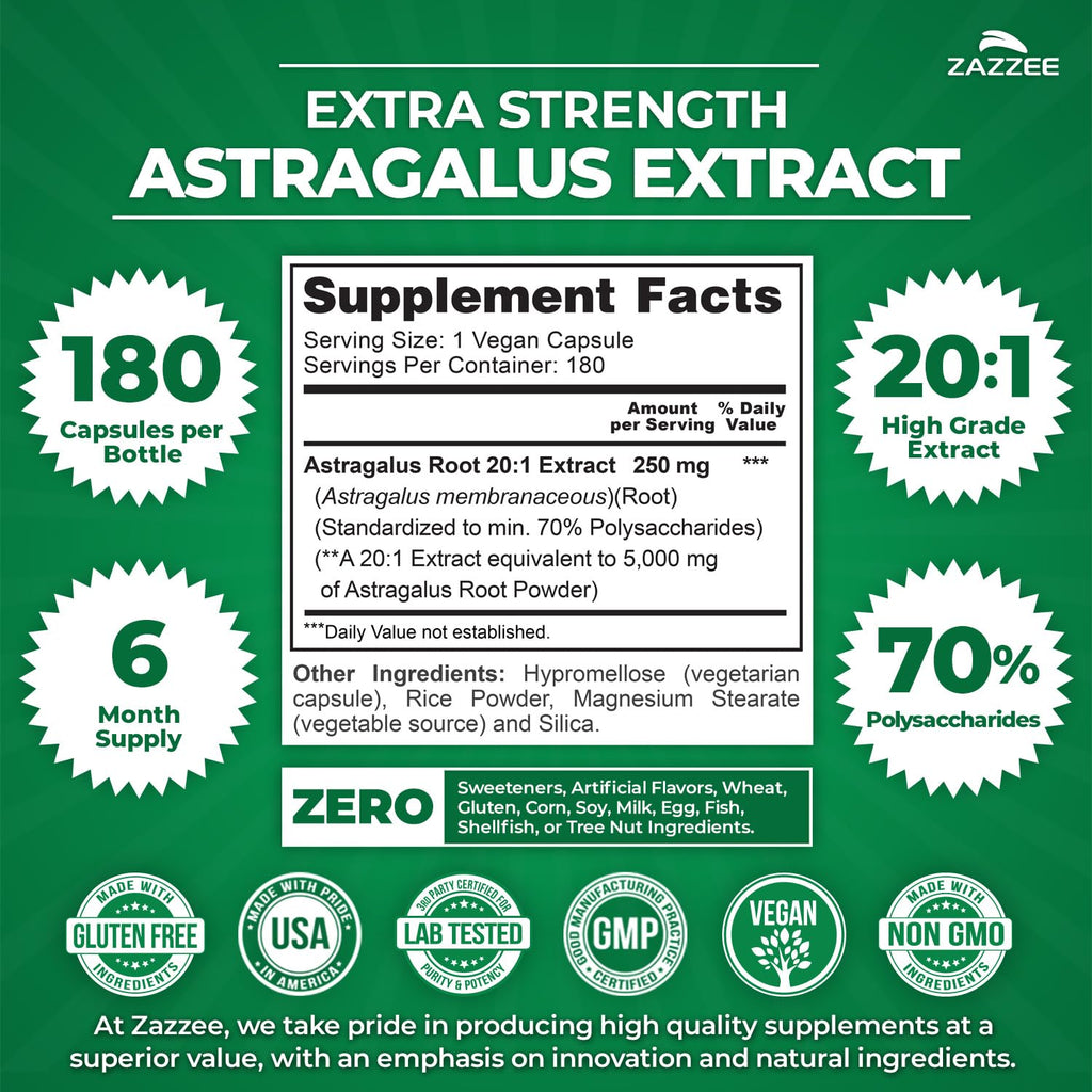 Zazzee Extra Strength Astragalus Root 20:1 Extract - 180 Capsules - image 2